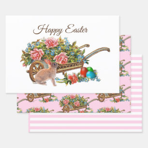 Vintage Osterrosen Hase und Schubkarre Geschenkpapier Set