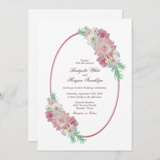 Vintage Oval Rahmen Rosa Blumenhochzeit Einladung (Vorne/Hinten)