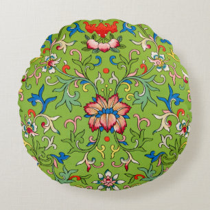 Vintage Owen Jones Chinesisches Ornament Grünes Fl Rundes Kissen