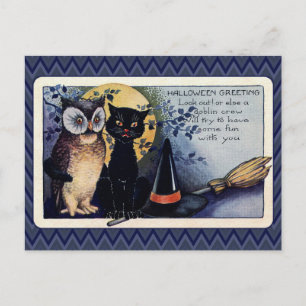 Vintage Owl und Cat Halloween Gruß Postkarte
