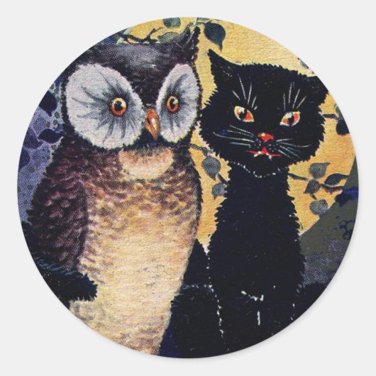 Vintage Owl und Cat Halloween Gruß Runder Aufkleber (Vorderseite)
