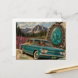 Vintage Paare Auto auf Karte in den Bergen Collage