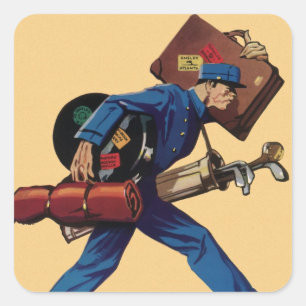 Vintage Page in Uniform, Koffer und Golfschläger Quadratischer Aufkleber