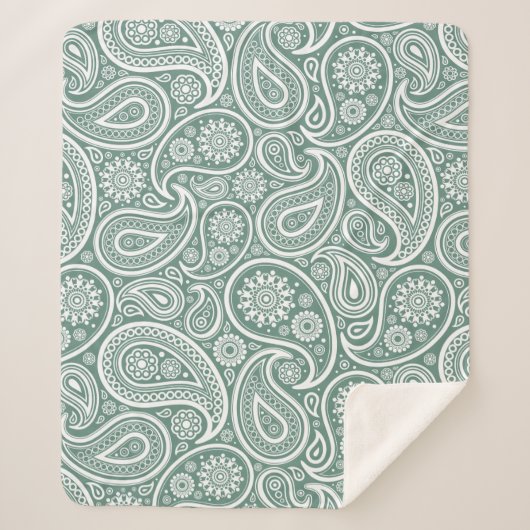 Vintage Paisley-Muster in Grün und Weiß Sherpadecke (Vorderseite)