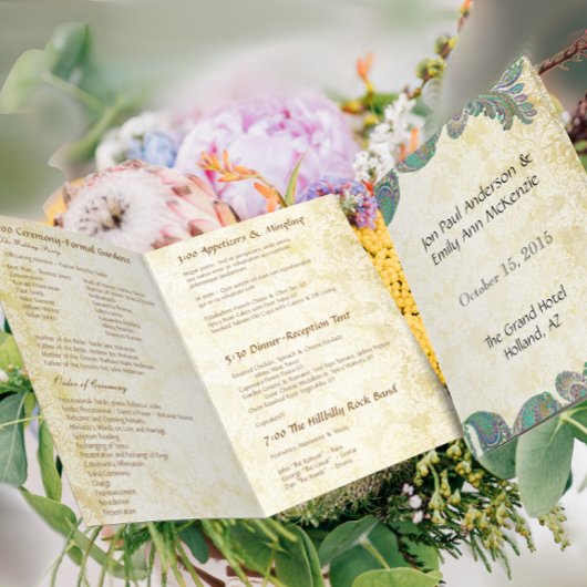 Vintage-Paisley-Pfau-Farben Hochzeitsprogramm