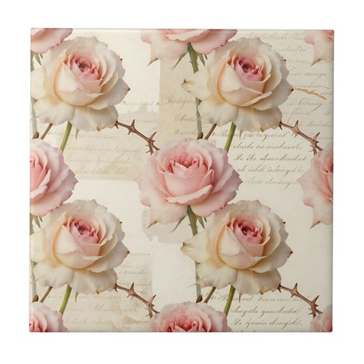 Vintage Pale Pink Rose Script Pattern Fliese (Vorderseite)