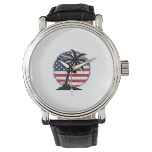 Vintage Palm Tree Amerikanische Flagge Sommer-Shir Armbanduhr