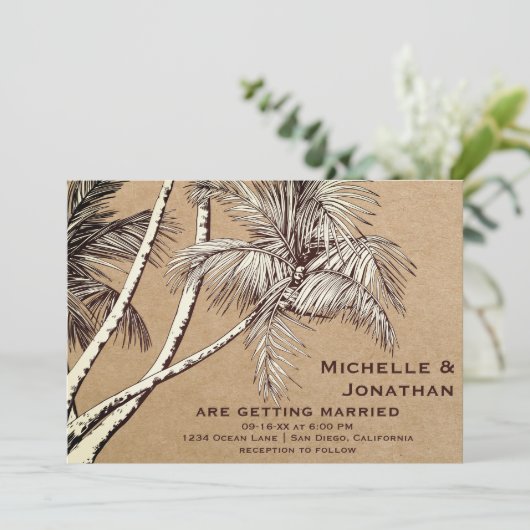 Vintage Palmen-Trees-Hochzeit Einladung (Stehend Vorderseite)