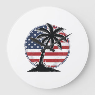 Vintage-Palmenbaum-Amerikanische-Flagge-Sommer-Shi Große Wanduhr