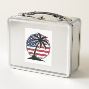 Vintage-Palmenbaum-Amerikanische-Flagge-Sommer-Shi Metall Brotdose