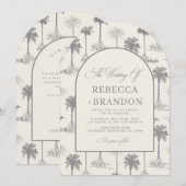 Vintage-Palmenbaum-Toile-QR-Code-Strandhochzeit Einladung (Vorne/Hinten)