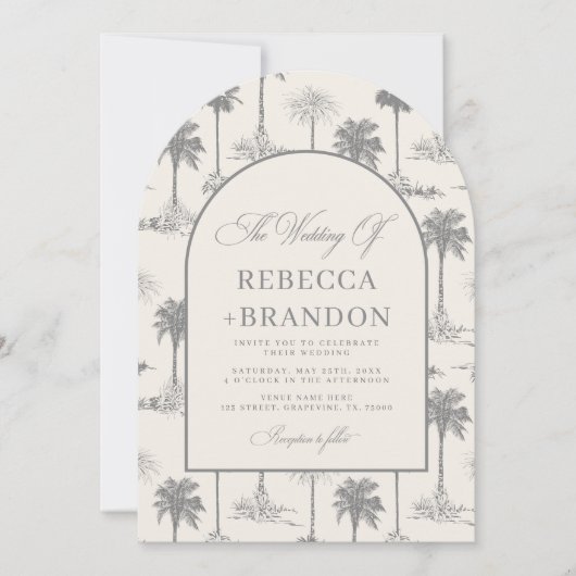Vintage-Palmenbaum-Toile-QR-Code-Strandhochzeit Einladung (Vorderseite)