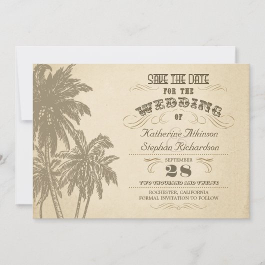 Vintage Palmentypografie Save the Date (Vorderseite)