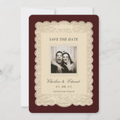 Vintage Paper Lace Burgundy Save the Date Einladung (Vorderseite)