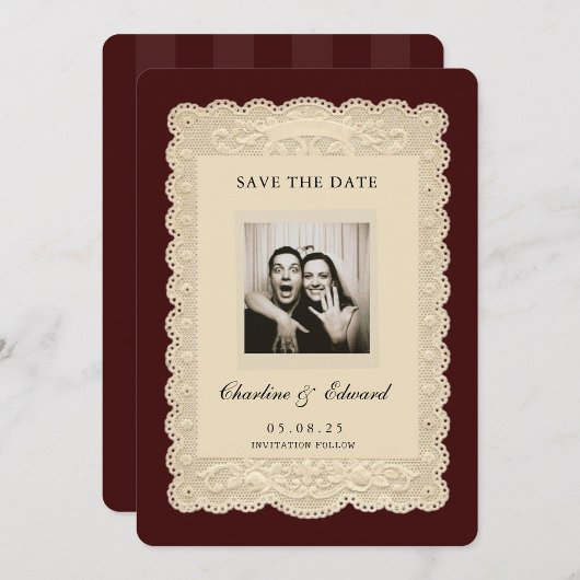 Vintage Paper Lace Burgundy Save the Date Einladung