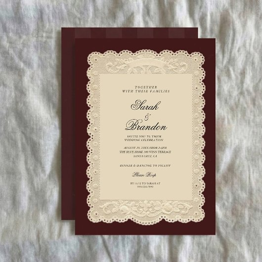 Vintage Paper Lace Burgundy Wedding Invitation Einladung