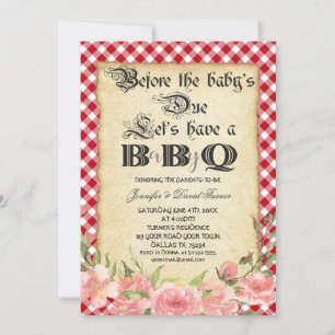 Vintage-Papier-Blumen-Rot-Gingham-Baby-Shower-BBQ Einladung