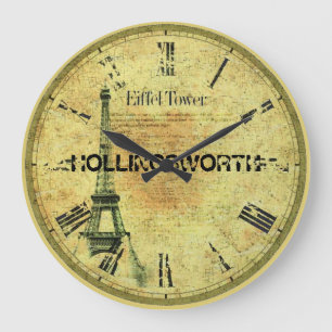 Vintage Papier- Eiffelturm & Nachname Große Wanduhr