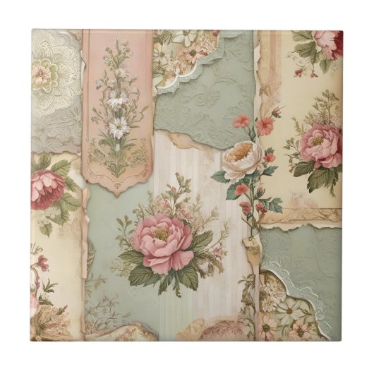 Vintage-Papier und Blumen Fliese (Vorderseite)