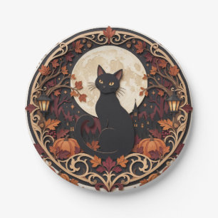 Vintage Papierkunst Schwarze Katze Halloween Pappteller