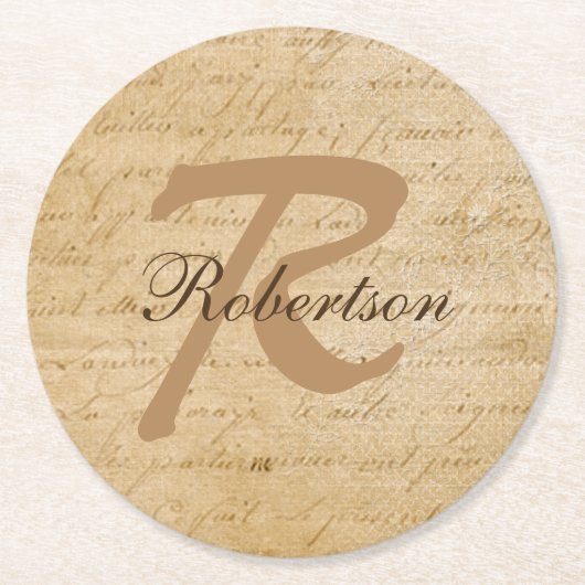 Vintage Papiermonogramm-Papier-Untersetzer Runder Pappuntersetzer (Vorderseite)
