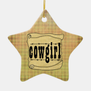Vintage-Papierschriftrolle Cowgirl-Weihnachtsschmu Keramikornament