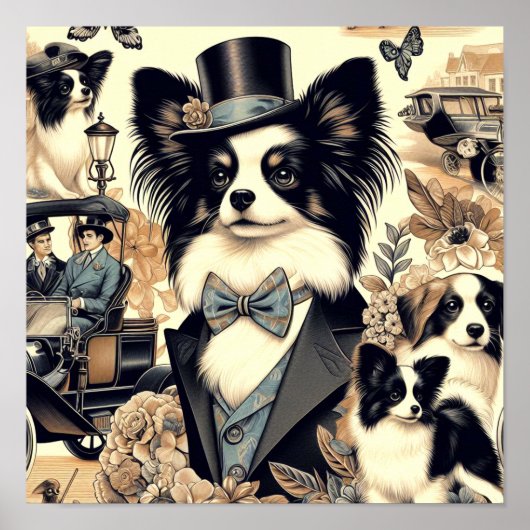 Vintage Papillon Dog Illustration Poster (Vorne)
