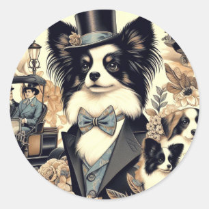Vintage Papillon Dog Illustration Runder Aufkleber