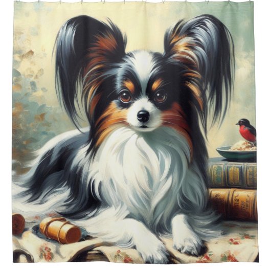 Vintage Papillon Dog-Malerei Duschvorhang (Vorderseite)