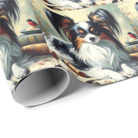 Vintage Papillon Dog-Malerei Geschenkpapier (Rolleneckpunkt)