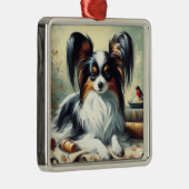Vintage Papillon Dog-Malerei Ornament Aus Metall (Rechts)