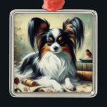 Vintage Papillon Dog-Malerei Ornament Aus Metall<br><div class="desc">Vintage Papillon Dog-Malerei</div>