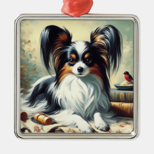 Vintage Papillon Dog-Malerei Ornament Aus Metall (Vorne)