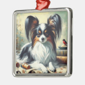 Vintage Papillon Dog-Malerei Ornament Aus Metall (Links)