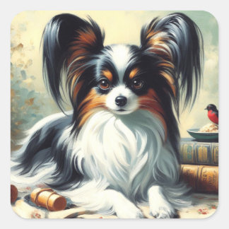Vintage Papillon Dog-Malerei Quadratischer Aufkleber