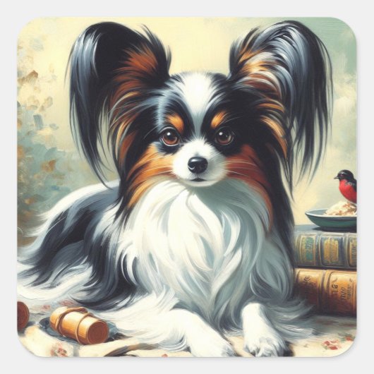 Vintage Papillon Dog-Malerei Quadratischer Aufkleber (Vorderseite)