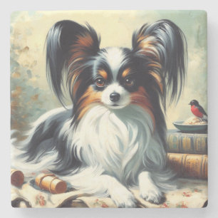 Vintage Papillon Dog-Malerei Steinuntersetzer