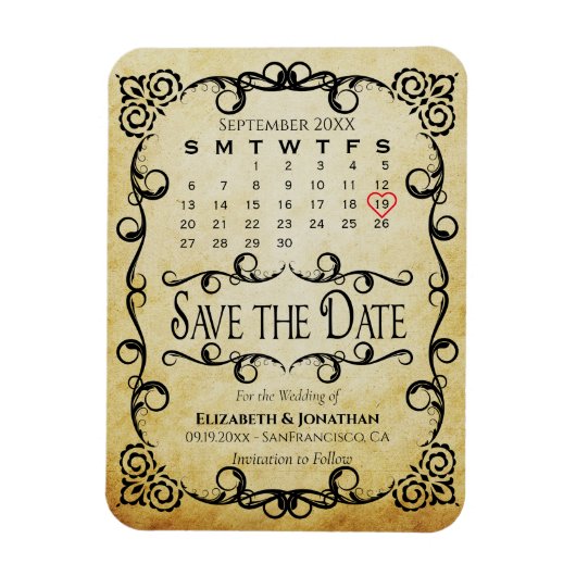 Vintage Parchment-Hochzeit Sichern des Datumskalen Magnet (Vertikal)