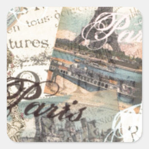 Vintage-Paris-Decoupage-Wahrzeichen-Typografie Quadratischer Aufkleber