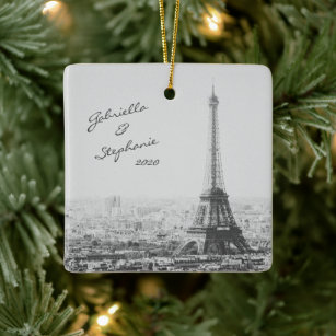 Vintage Paris Eiffel Tower Black White Foto Name Keramikornament