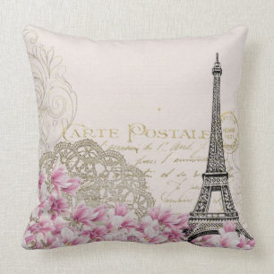 Vintage Paris Eiffel Tower & rosa Blumenmuster Kissen