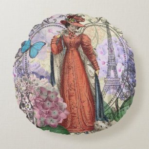 Vintage-Paris-Eiffelturm-Collage Romantisch Franzö Rundes Kissen
