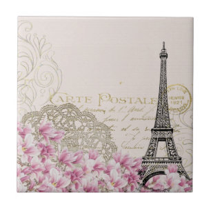 Vintage Paris Eiffelturm Florale Kunstillustration Fliese