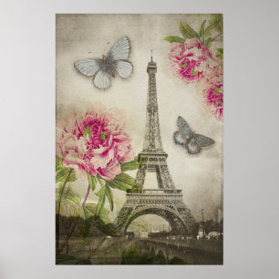 Vintage Paris Eiffelturm Pfingstrosen Poster