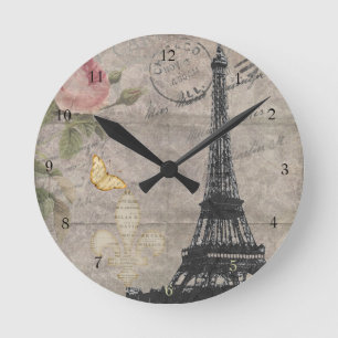 Vintage Paris Eiffelturm Rose Schmetterling Grunge Runde Wanduhr