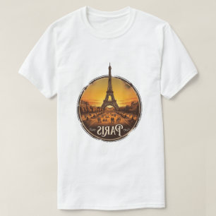 Vintage-Paris-Eiffelturm-Sonnenuntergang-Abzeichen T-Shirt