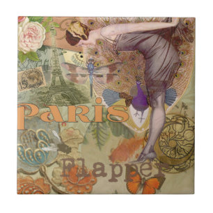 Vintage-Paris-Flapper-Art-Déco-Pfauen-Collage Fliese