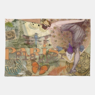 Vintage-Paris-Flapper-Art-Déco-Pfauen-Collage Geschirrtuch