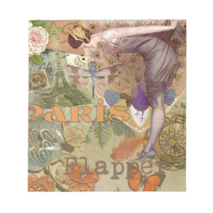 Vintage-Paris-Flapper-Art-Déco-Pfauen-Collage Notizblock