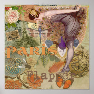 Vintage-Paris-Flapper-Art-Déco-Pfauen-Collage Poster